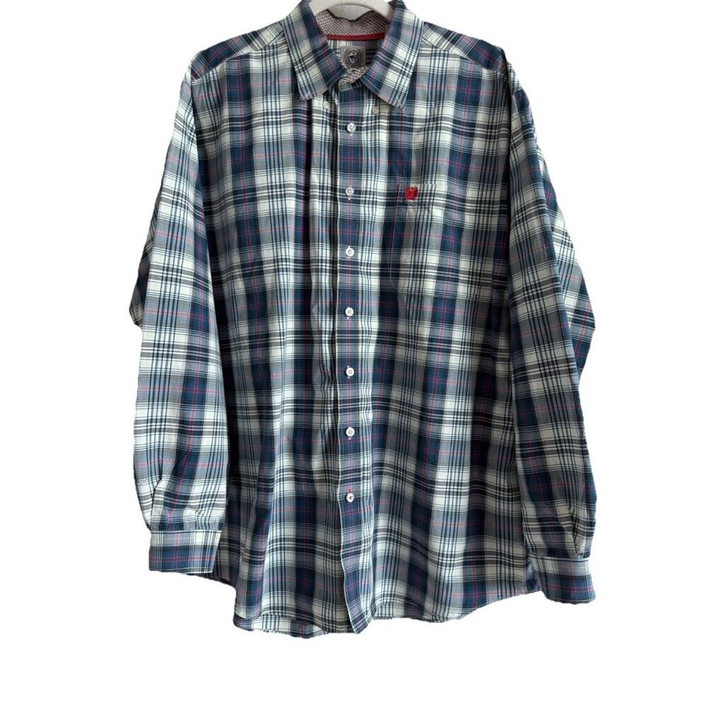 CINCH Mens X-Large Plaid‎ Button Up Long Sleeve Blue Shirt Western Rodeo